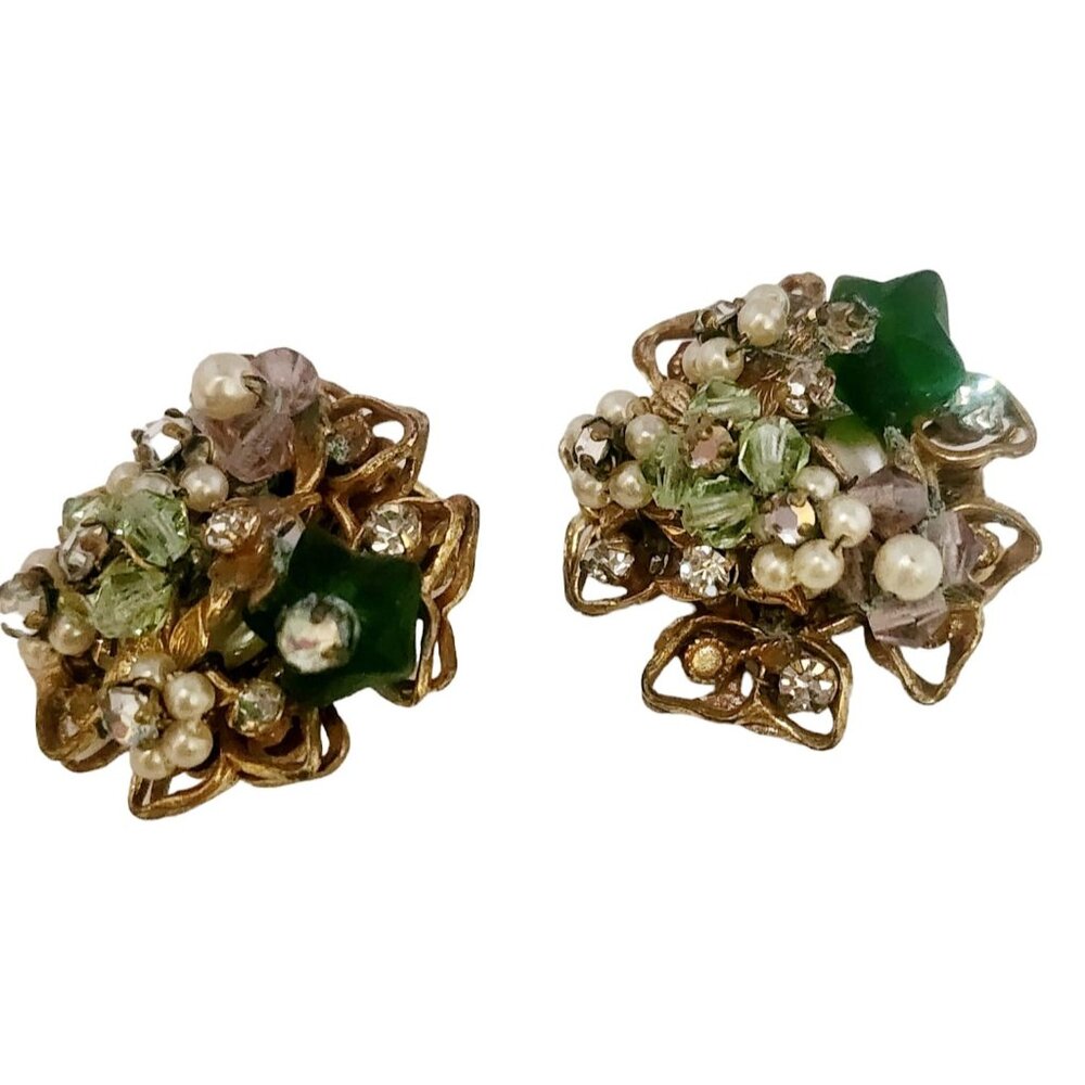 Signed Robert Wired Glass Crystal and Brass Clip Earrings (A4990)